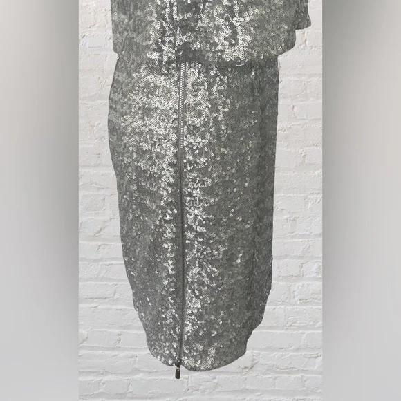 Laundry Shelli Segal Silver Shift Sequined Cocktail Event Dress M 6 Old Money - Picture 6 of 13